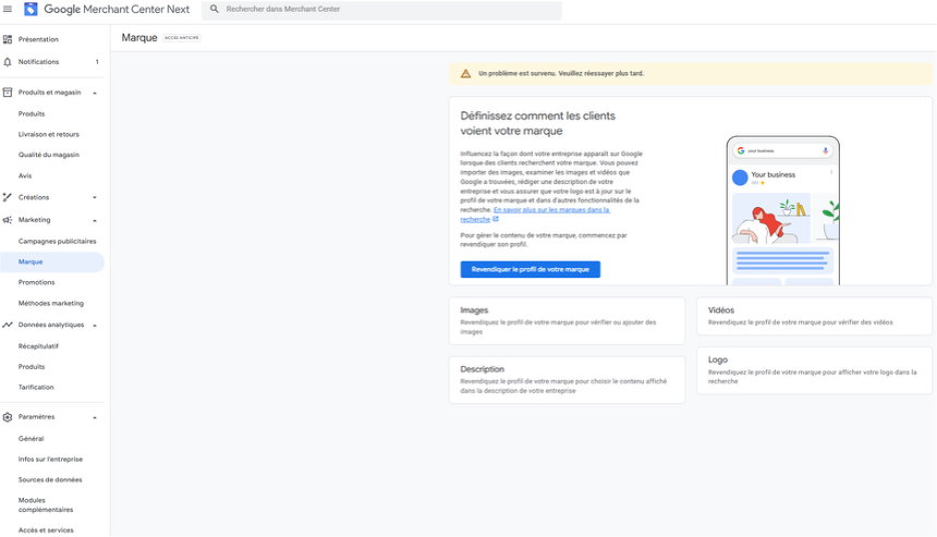 page marque google merchant center